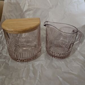 Pink Glass Sugar Jar and Creamer Set with Bamboo Lid